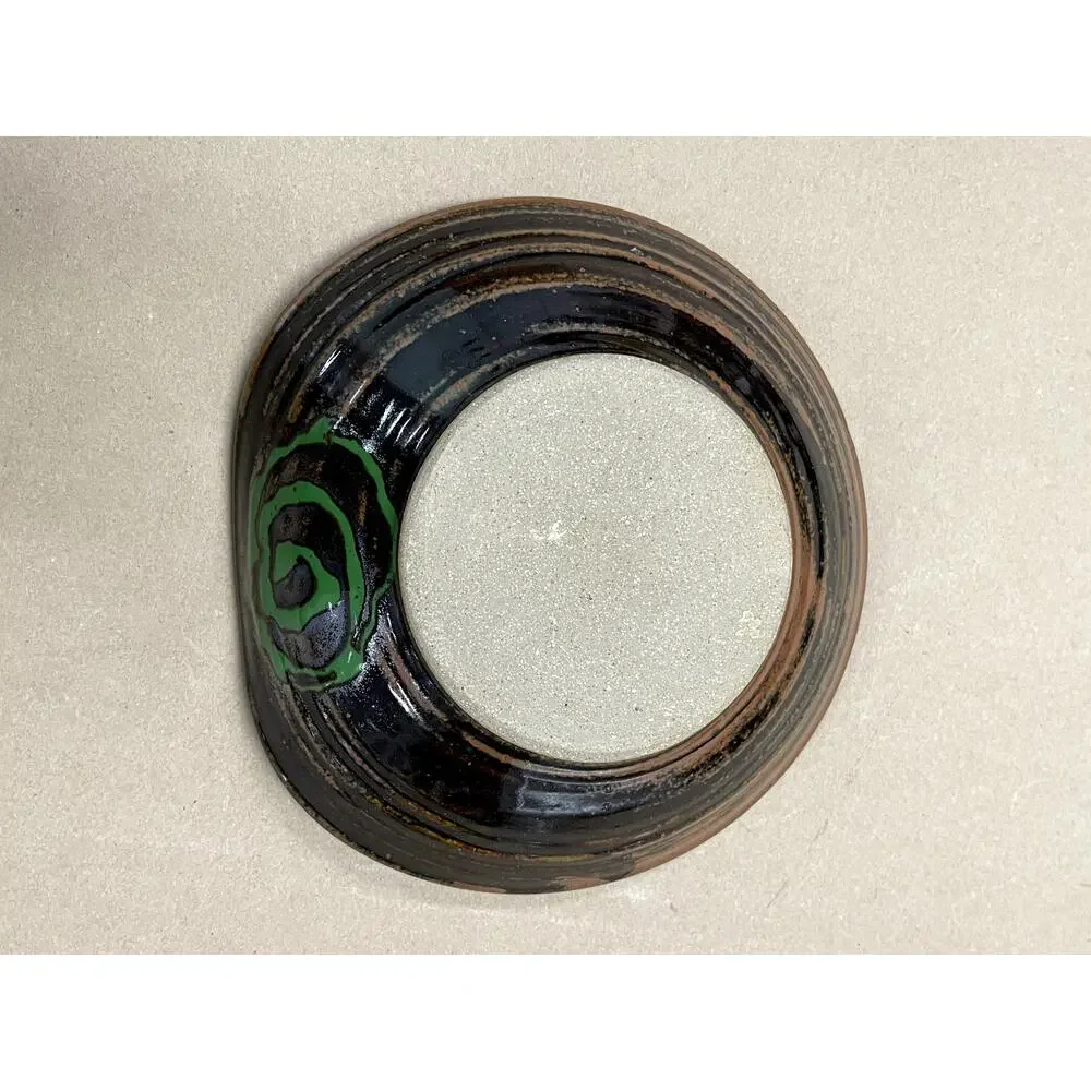 Studio Pottery Handcrafted Brown Glazed Bowl Green Swirl Abstract 7.75in Artisan